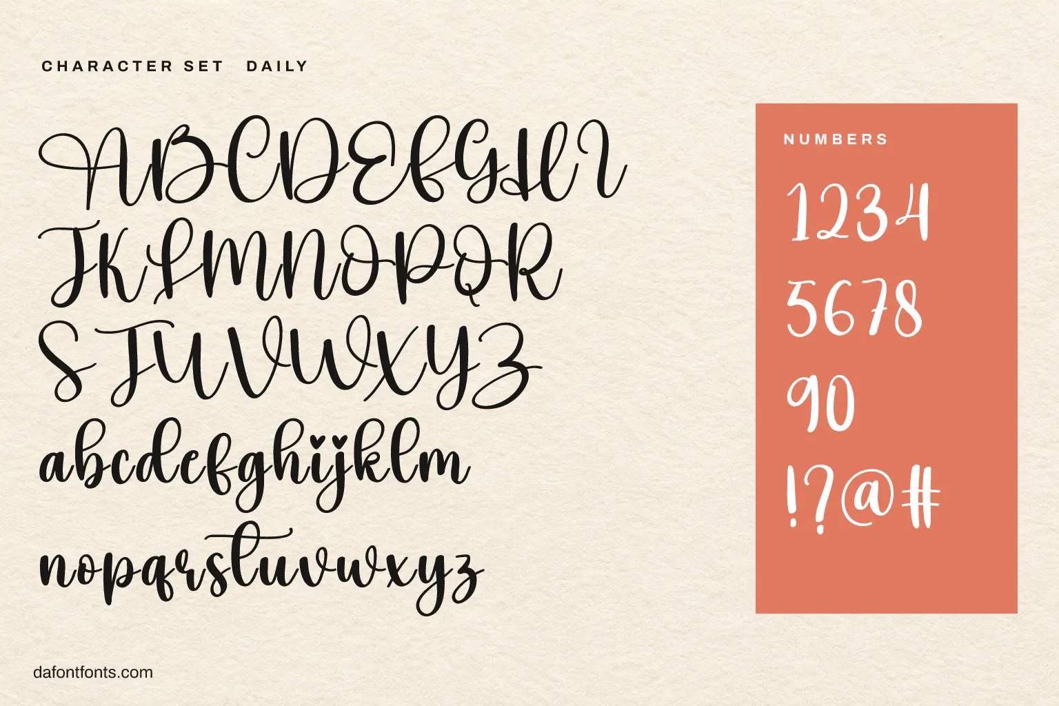 Daily character set: alphabet, numbers and ! ? @ #