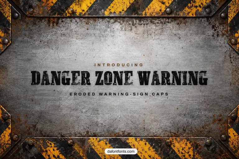 Danger Zone Warning font poster: worn black caps on a hazard-stripe background