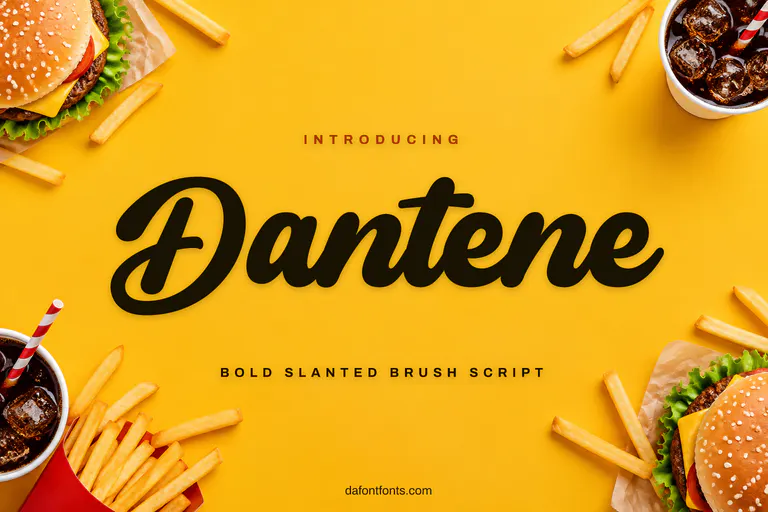 Dantene font poster: bold black brush script on a warm mustard background
