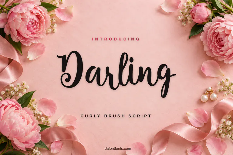 Darling font poster: curly script on rose paper with peonies and pearls
