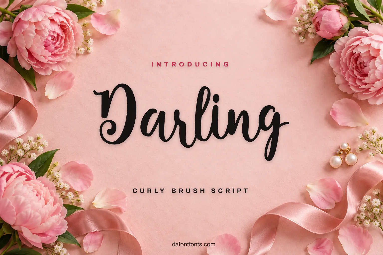 Darling font poster: curly script on rose paper with peonies and pearls