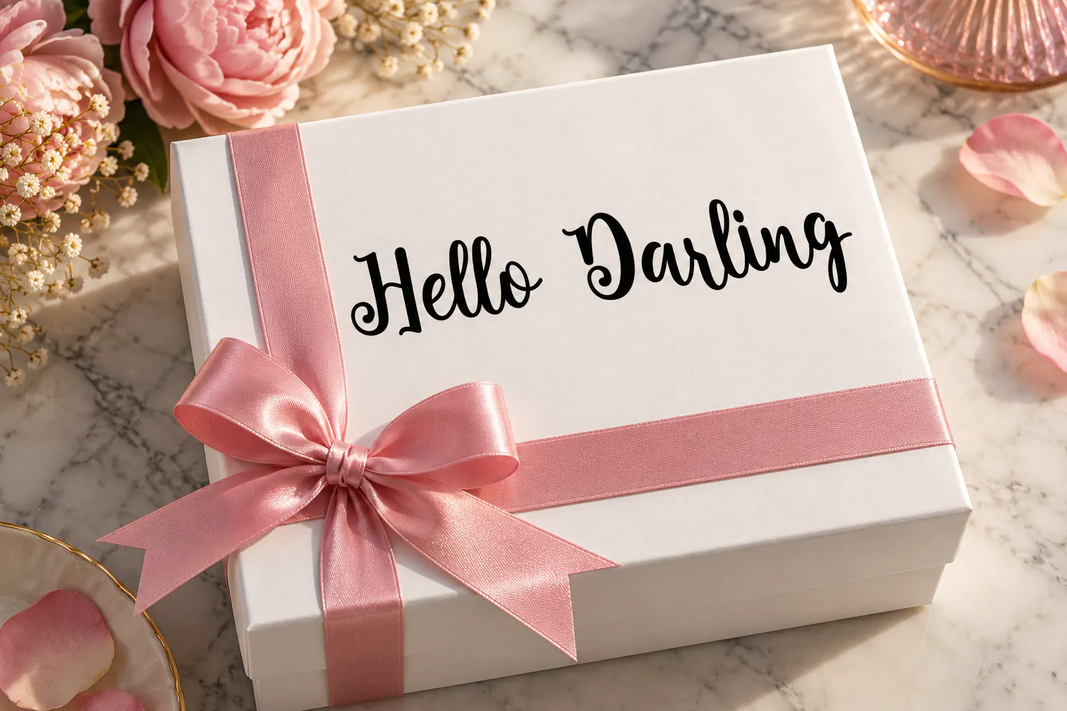 Darling font on a gift box reading Hello Darling