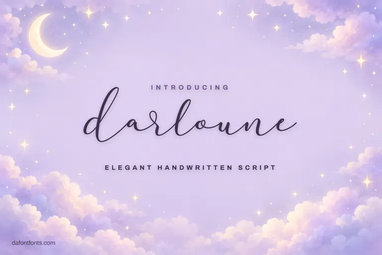 Darloune font poster: thin plum script on lavender with a moon and stars