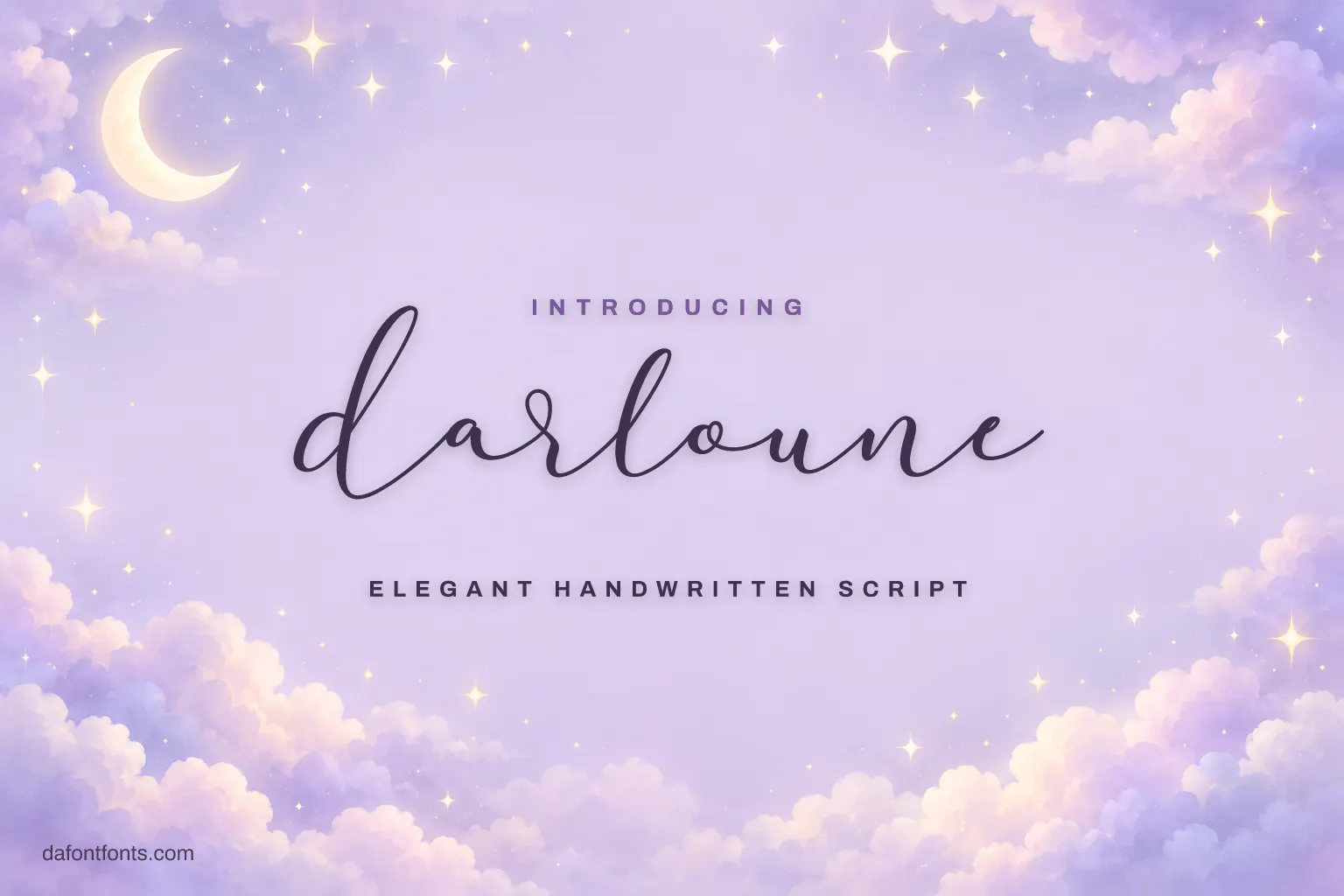Darloune font poster: thin plum script on lavender with a moon and stars