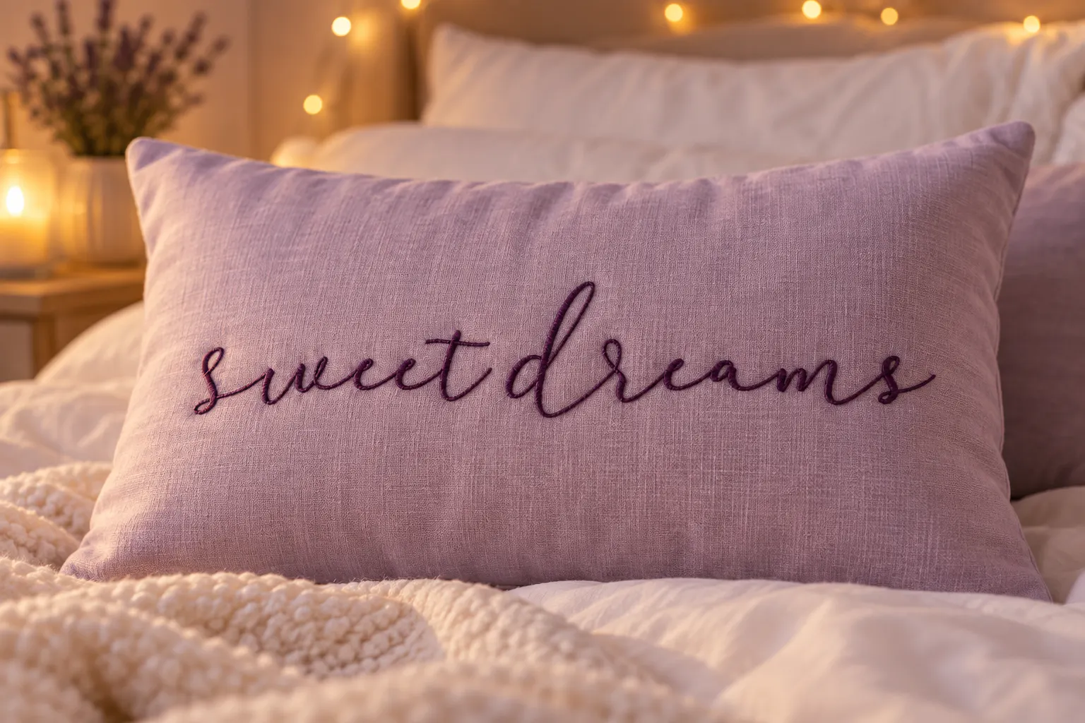 Darloune font on a lavender pillow reading Sweet Dreams