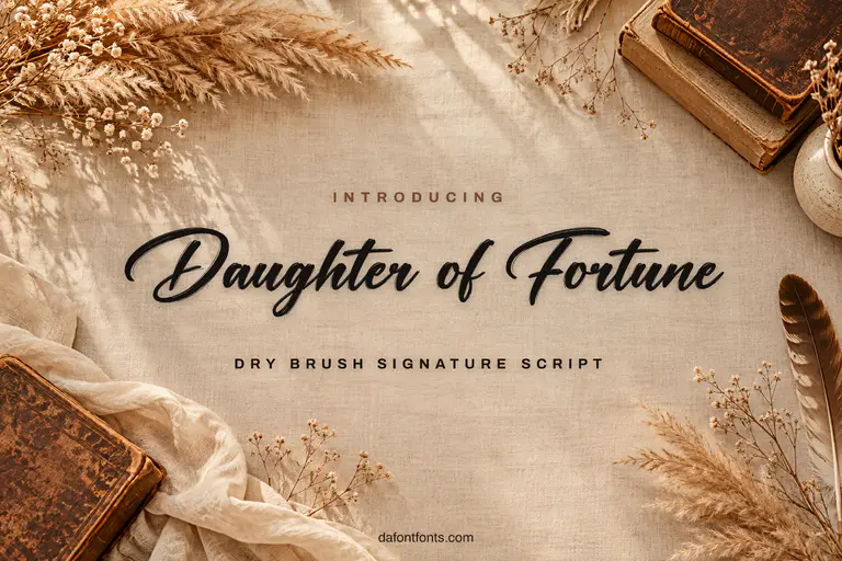 Daughter of Fortune font poster: black brush script on a bohemian linen background