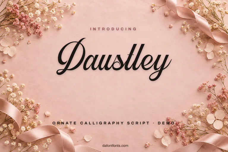 Daustley font poster: black calligraphy on a dusty pink background with dried flowers