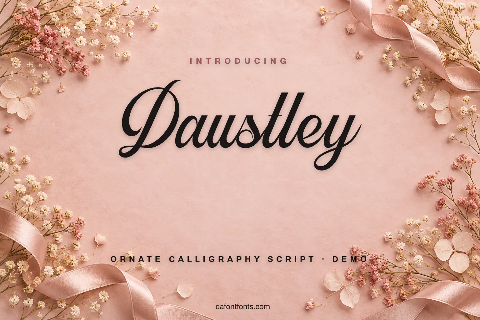 Daustley font poster: black calligraphy on a dusty pink background with dried flowers