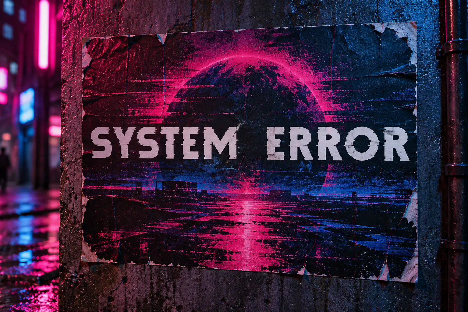 Debug font on a cyberpunk poster reading SYSTEM ERROR