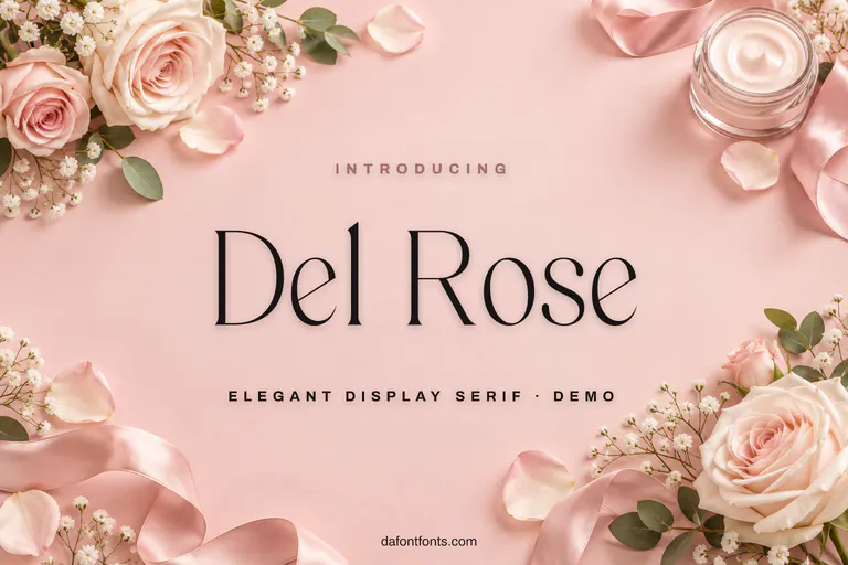 Del Rose font poster: thin black serif letters on a soft blush background with roses