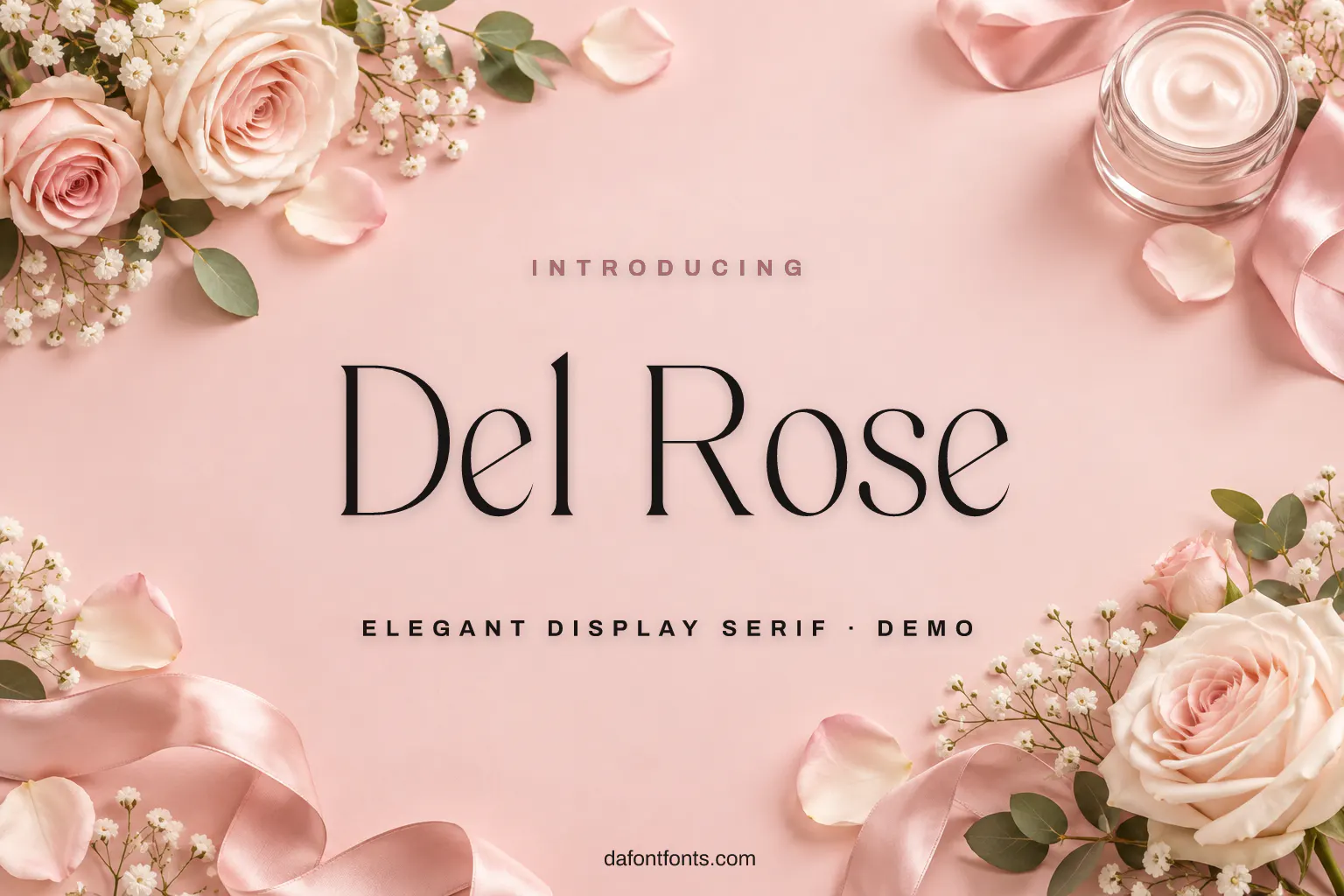 Del Rose font poster: thin black serif letters on a soft blush background with roses