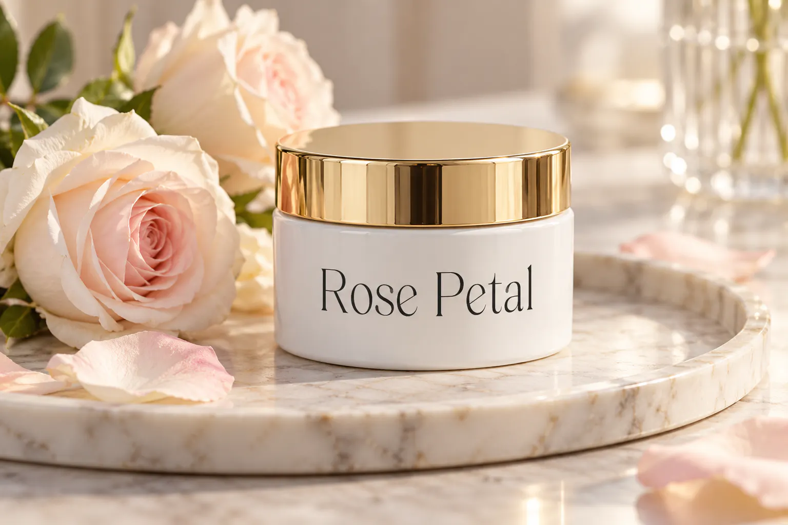 Del Rose font on a cosmetics jar reading Rose Petal