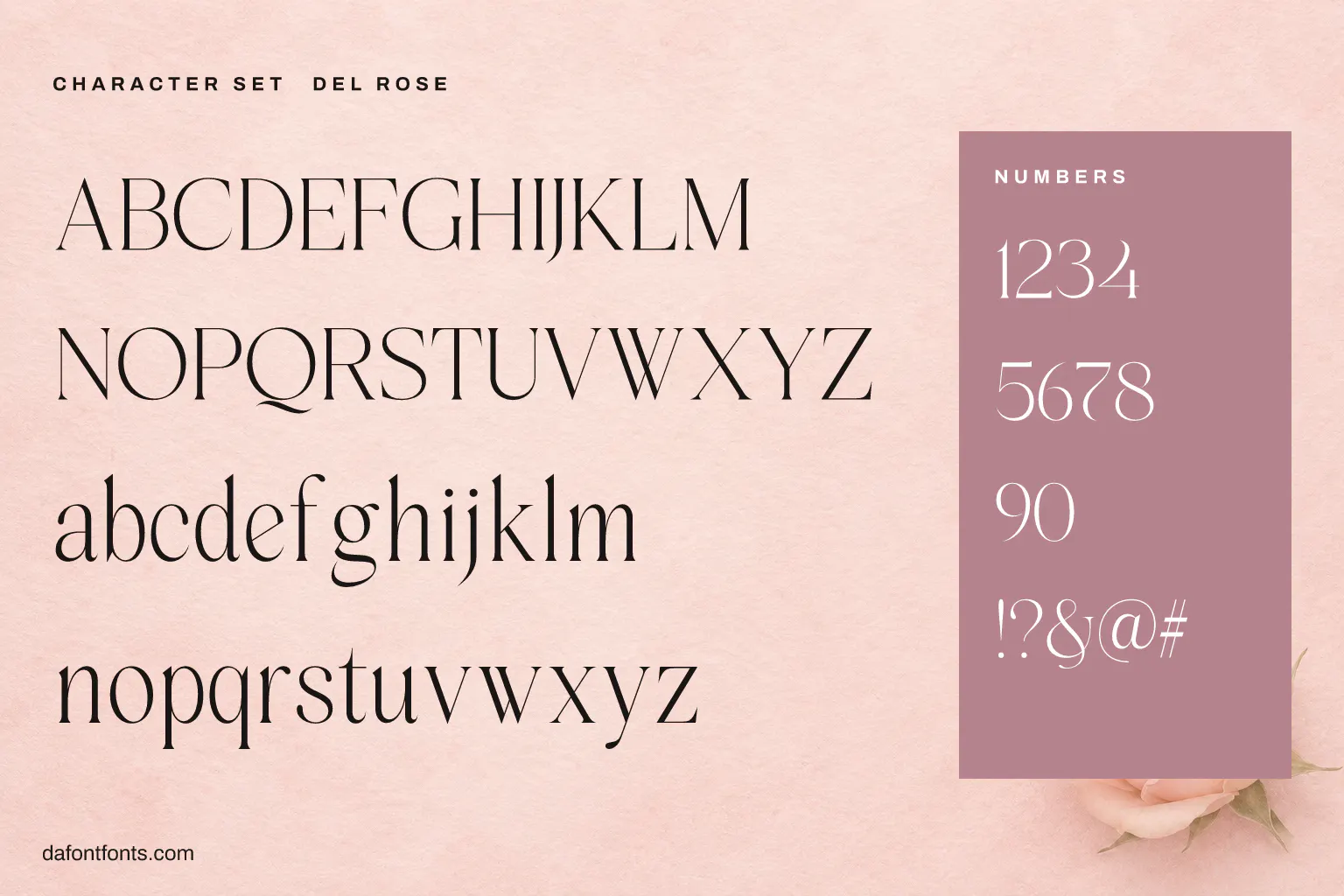 Del Rose character set: alphabet, numbers and symbols