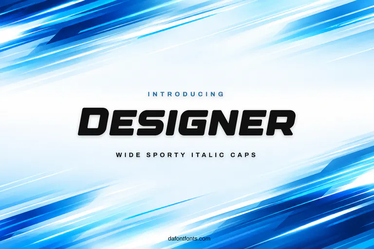 Designer font poster: black wide italic caps on a blue and white speed-streak background