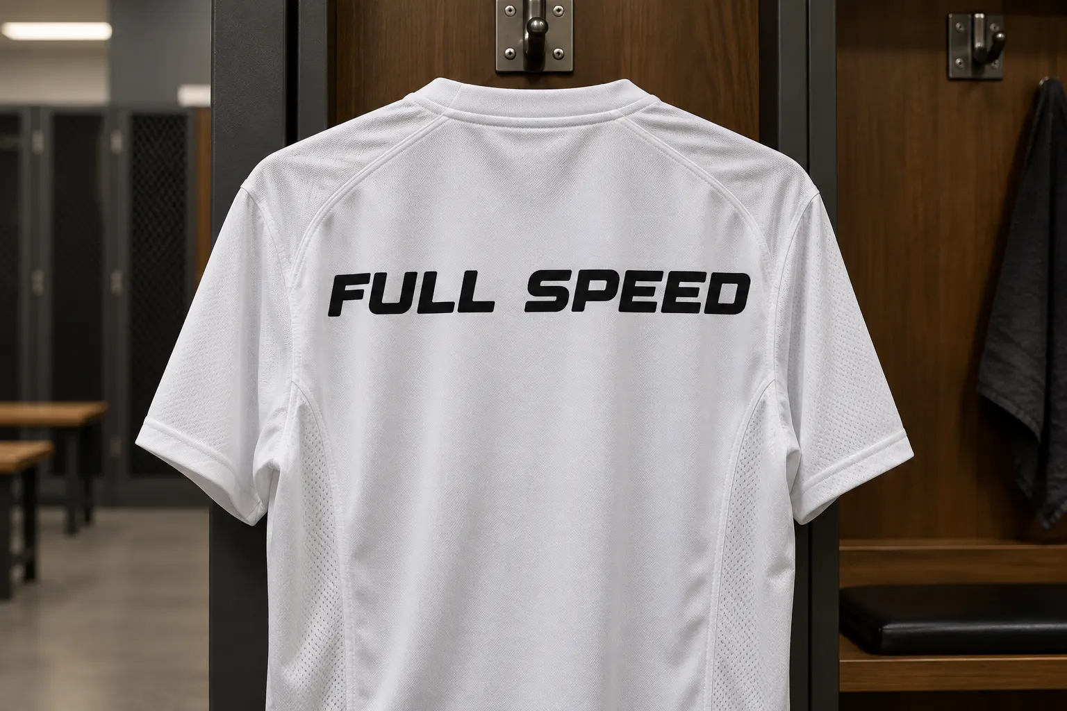 Designer font on a sports jersey reading FULL SPEED
