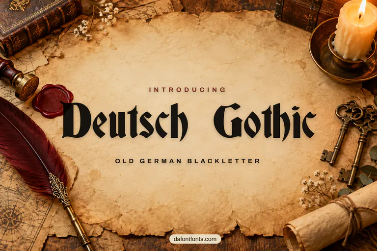 Deutsch Gothic font poster: blackletter on aged parchment with a wax seal and quill