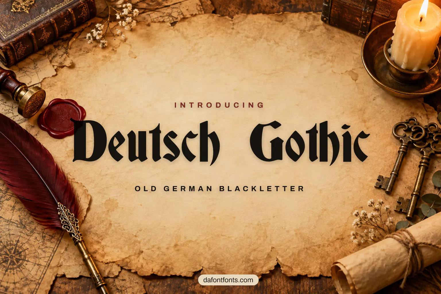 Deutsch Gothic font poster: blackletter on aged parchment with a wax seal and quill