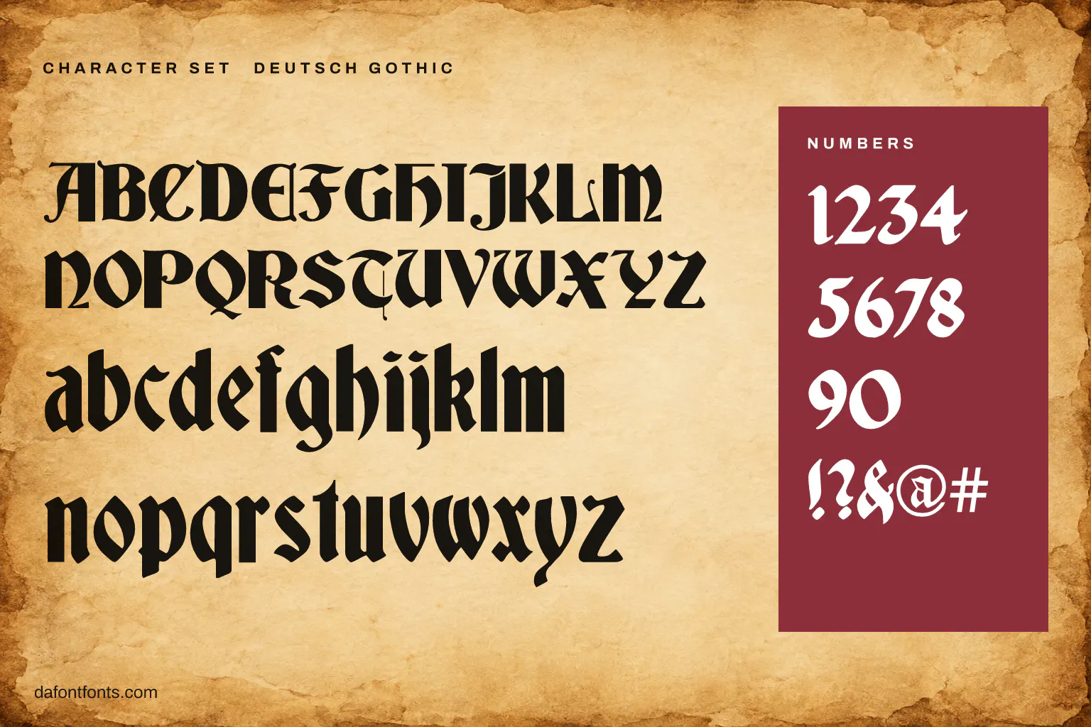 Deutsch Gothic character set: alphabet, numbers and symbols
