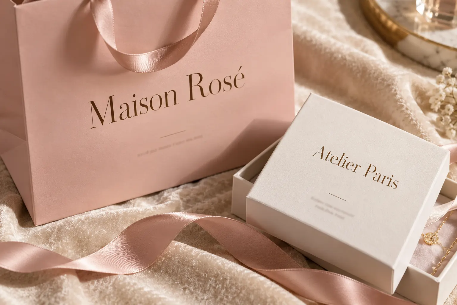Didot style serif on a pink boutique shopping bag and a jewelry box