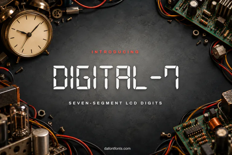 Digital-7 font poster: black LCD digits on a retro electronics background