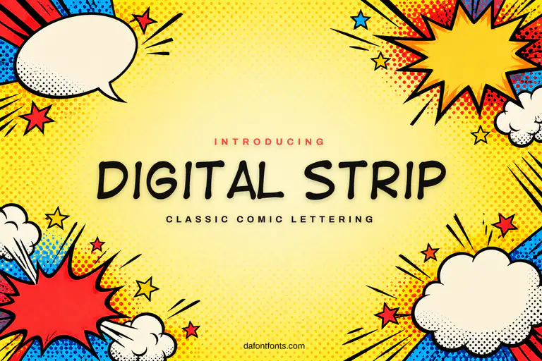 Digital Strip font poster: comic lettering with halftone dots and speech bubbles