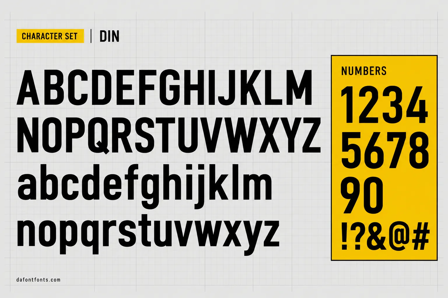 DIN style character set: uppercase and lowercase alphabet, numbers and symbols