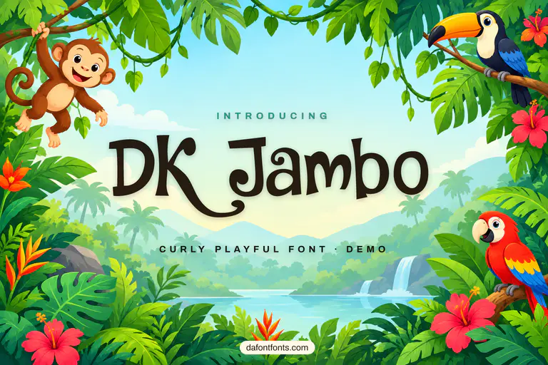 DK Jambo font poster: dark brown curly letters on a cheerful jungle background