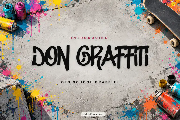 Don Graffiti font poster: graffiti letters with spray cans and paint splatters