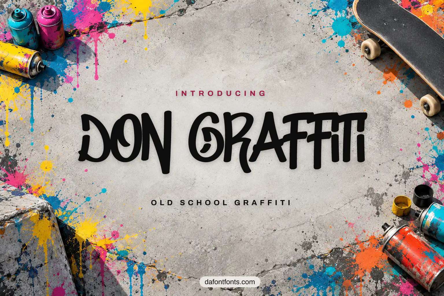 Don Graffiti font poster: graffiti letters with spray cans and paint splatters