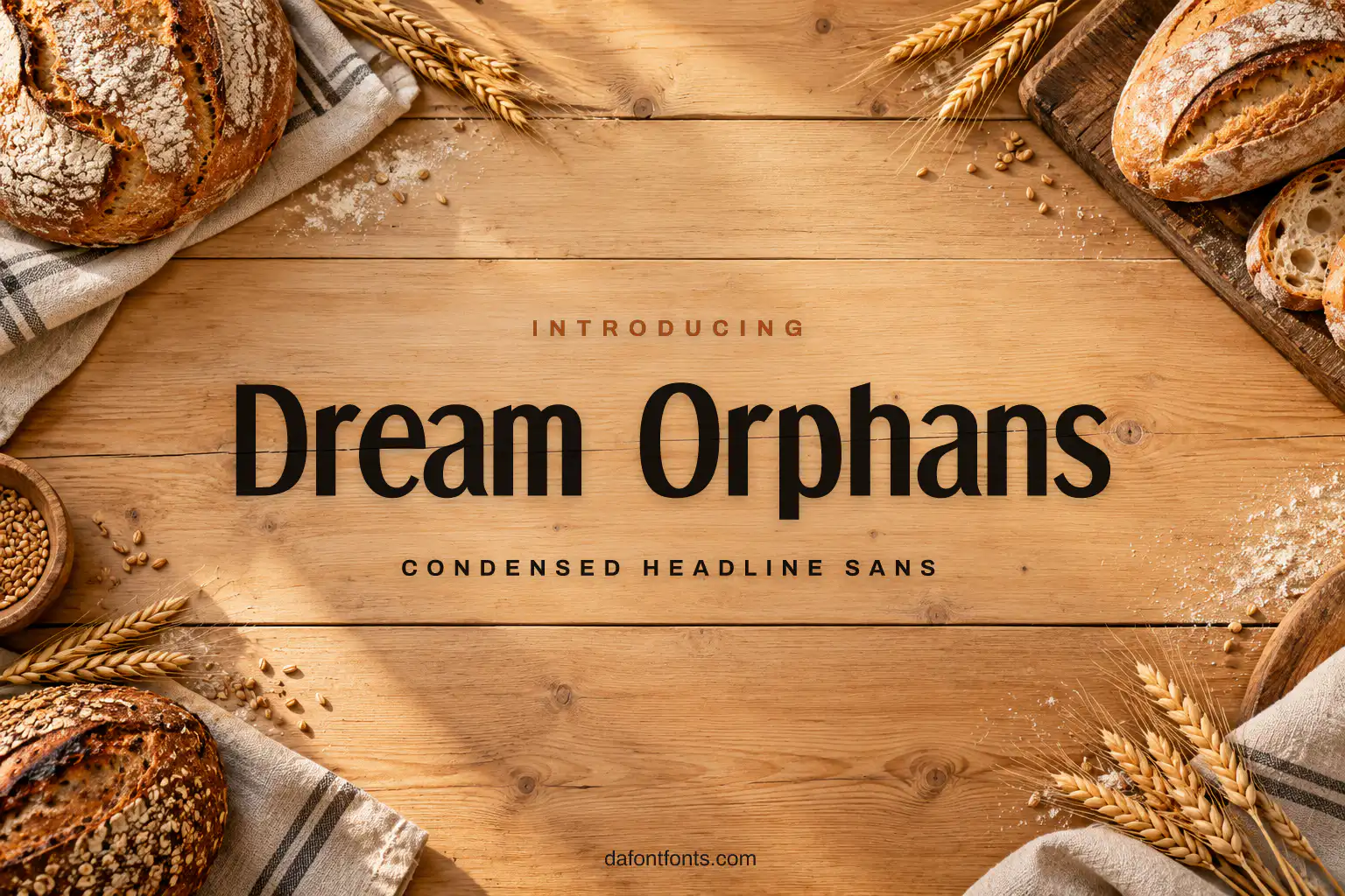 Dream Orphans font poster: black condensed letters on a rustic bakery background