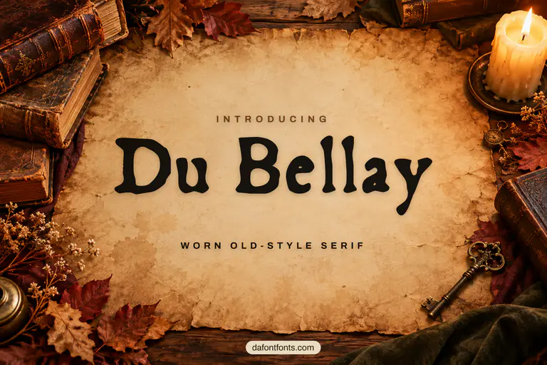 Du Bellay font poster: worn serif on parchment with old books and a candle