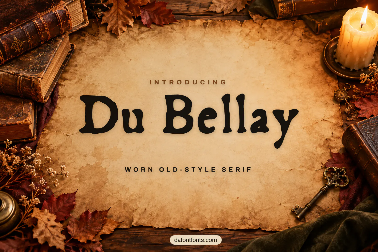 Du Bellay font poster: worn serif on parchment with old books and a candle