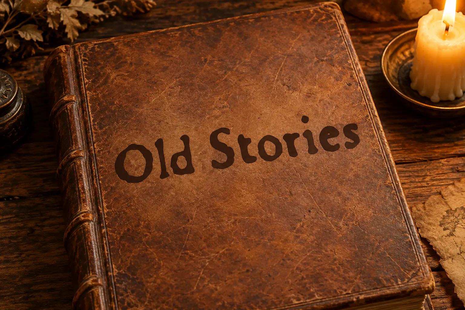 Du Bellay font on a leather book cover reading Old Stories