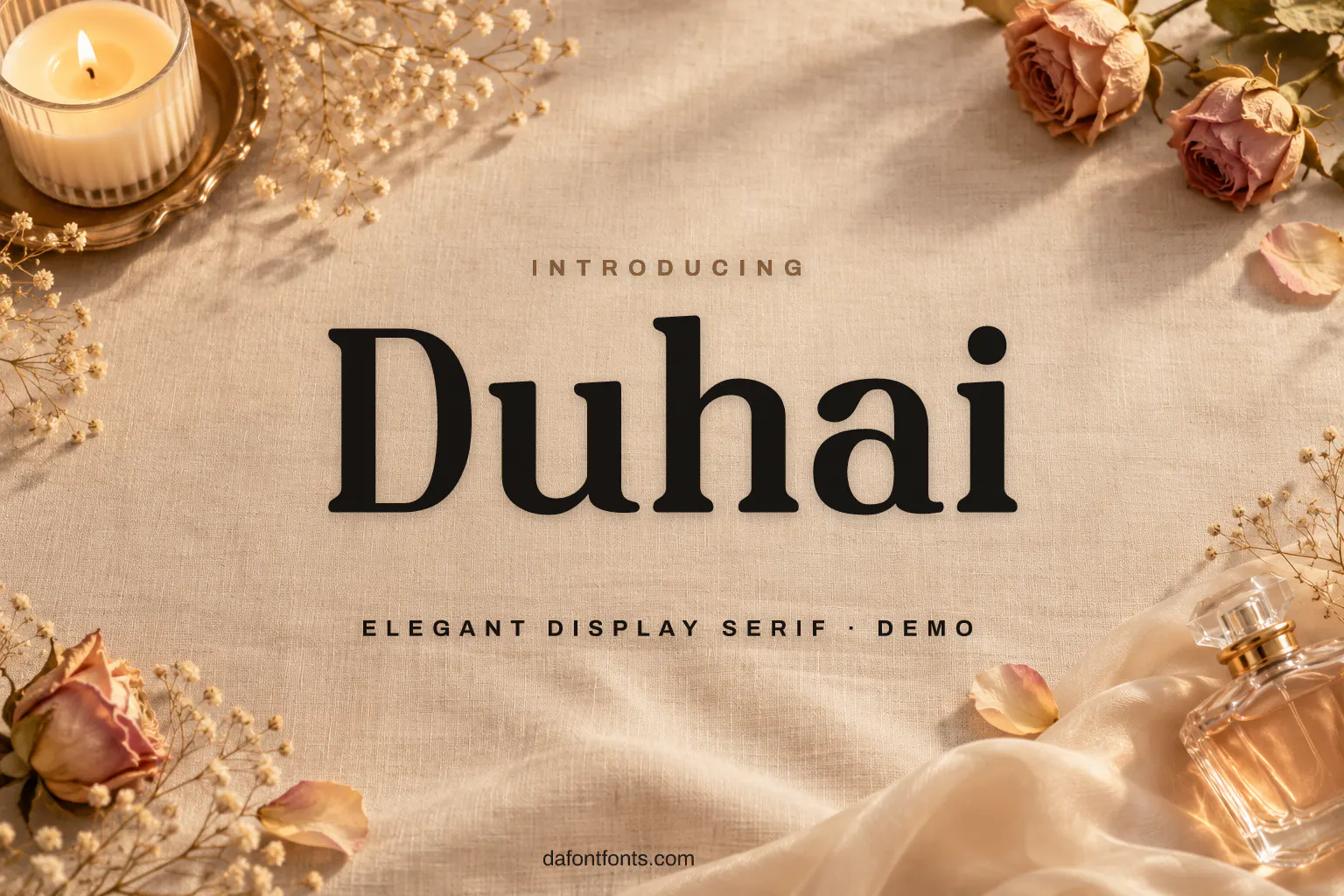 Duhai font poster: black serif letters on soft beige linen with a candle