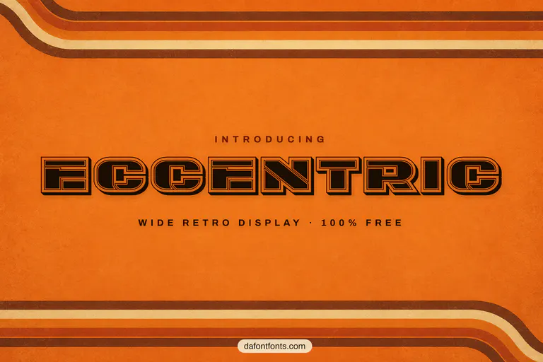Eccentric font poster: wide striped capitals on a warm retro orange background
