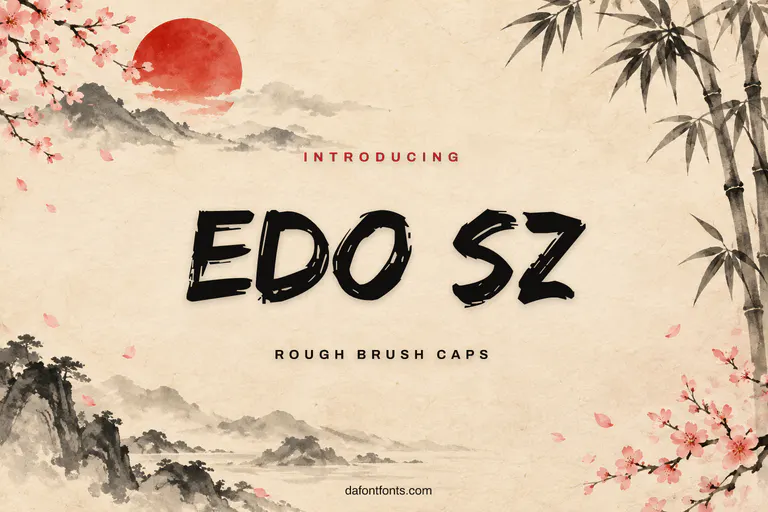 Edo SZ font poster: black brush caps on a rice paper background with a red sun