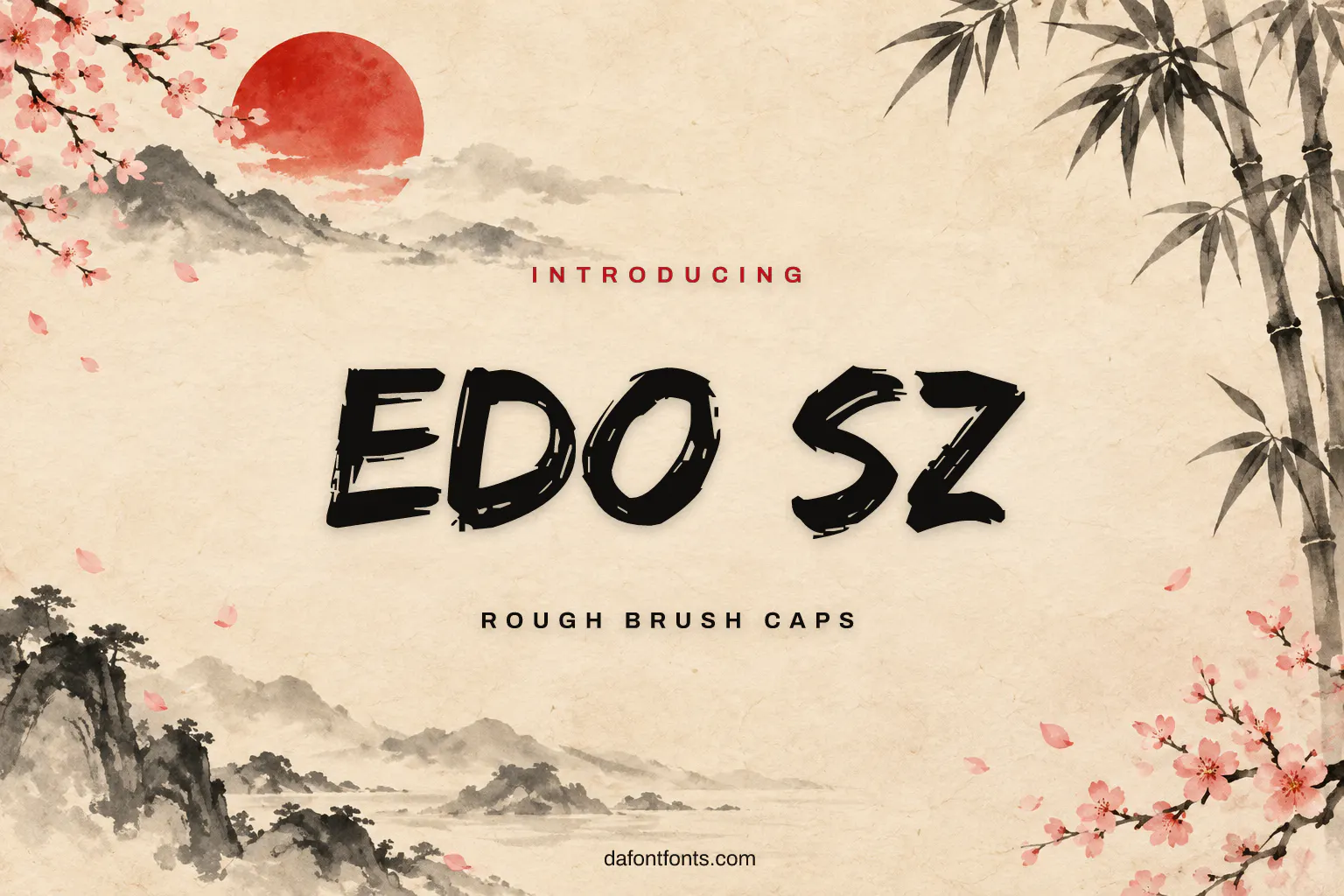 Edo SZ font poster: black brush caps on a rice paper background with a red sun