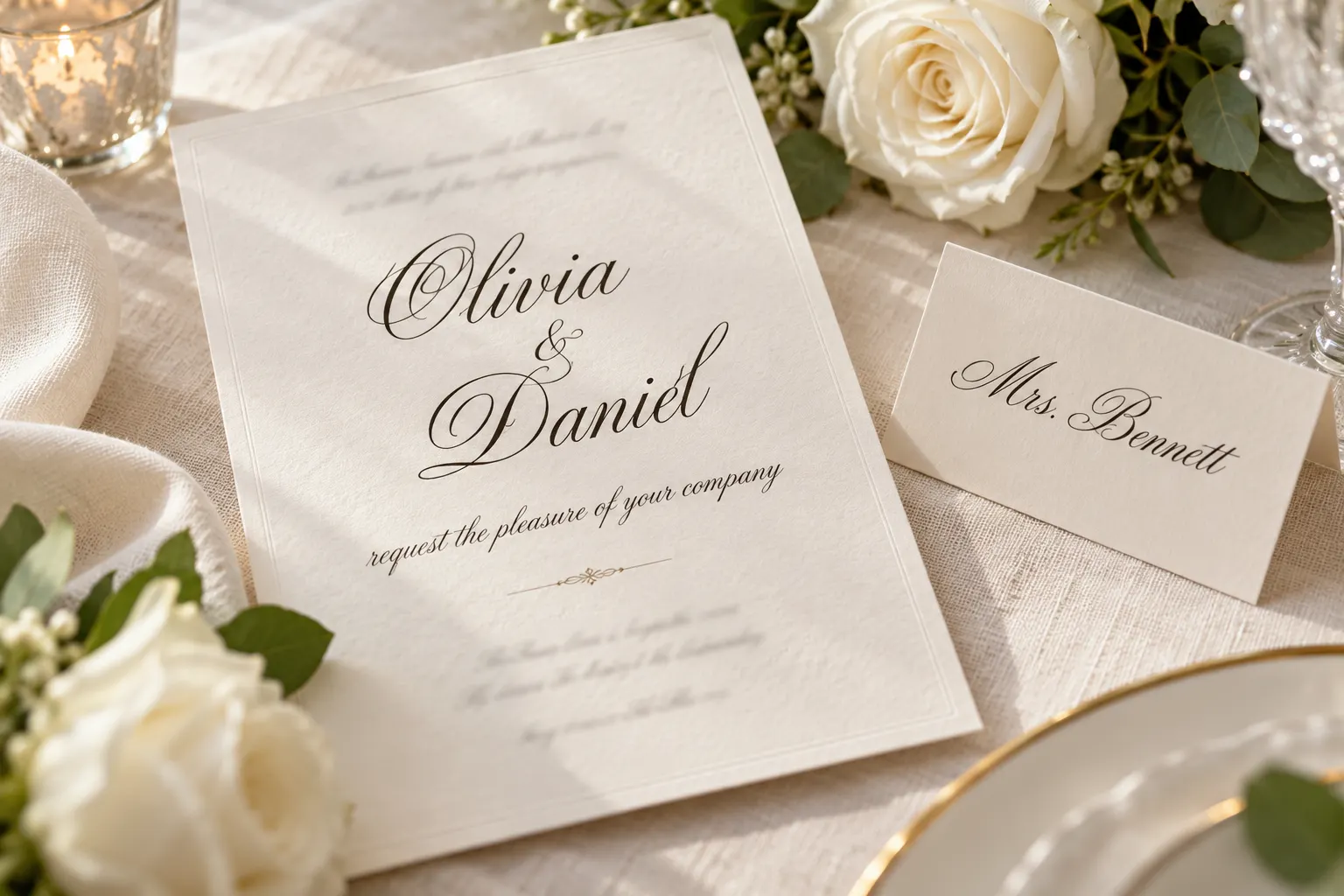 Edwardian Script style calligraphy on a wedding invitation and a place card