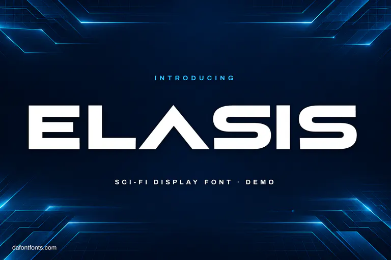 Elasis font poster: white wide capitals on a dark blue tech background