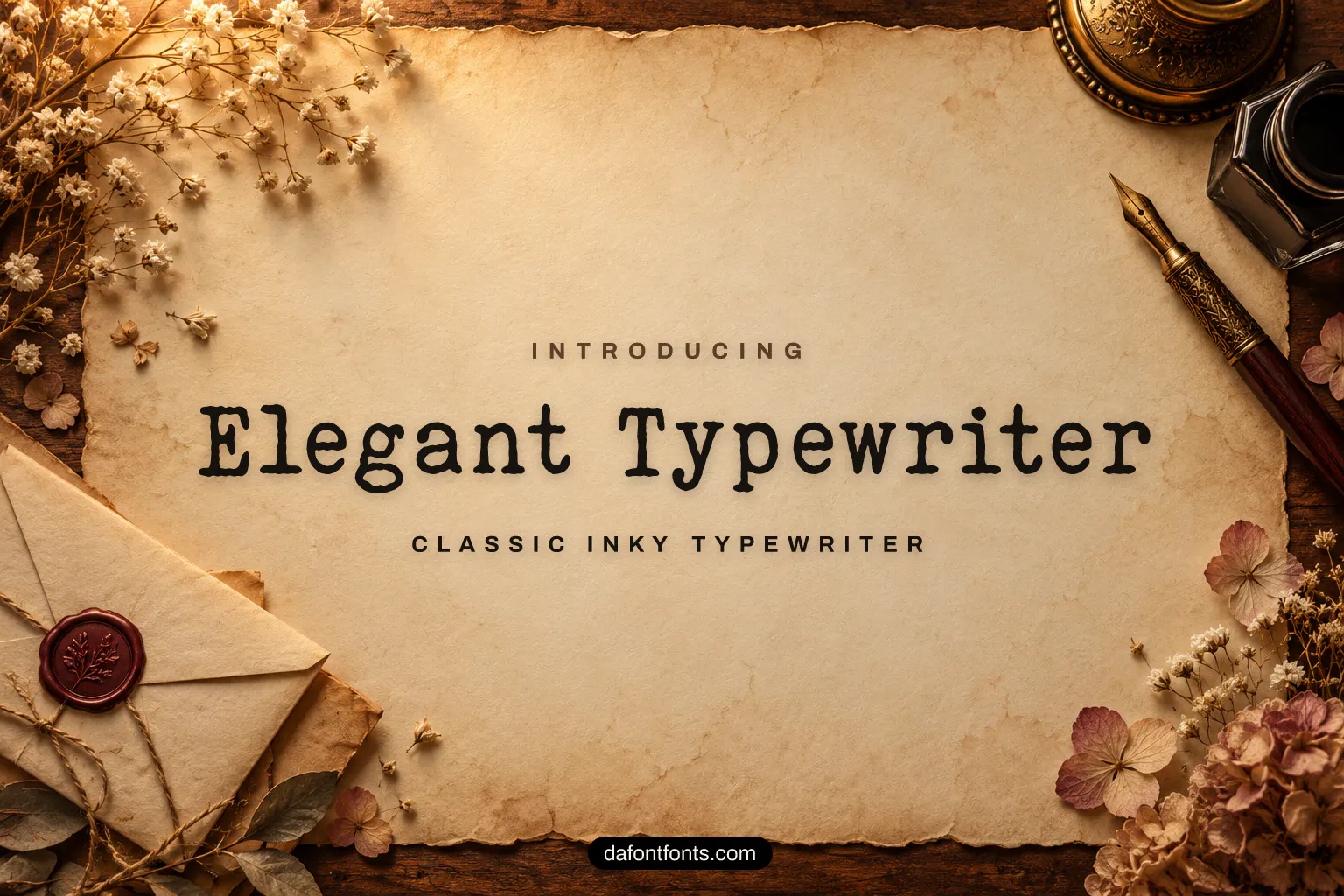 Elegant Typewriter font poster: black typewriter letters on a vintage writing desk background