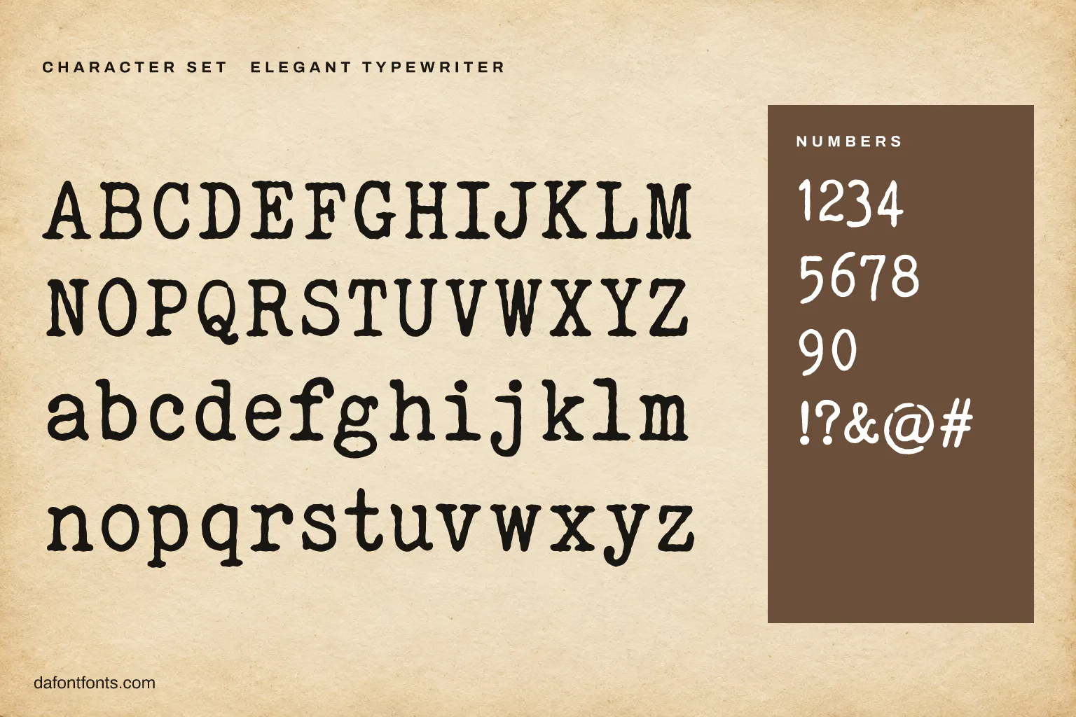 Elegant Typewriter character set: alphabet, numbers and symbols