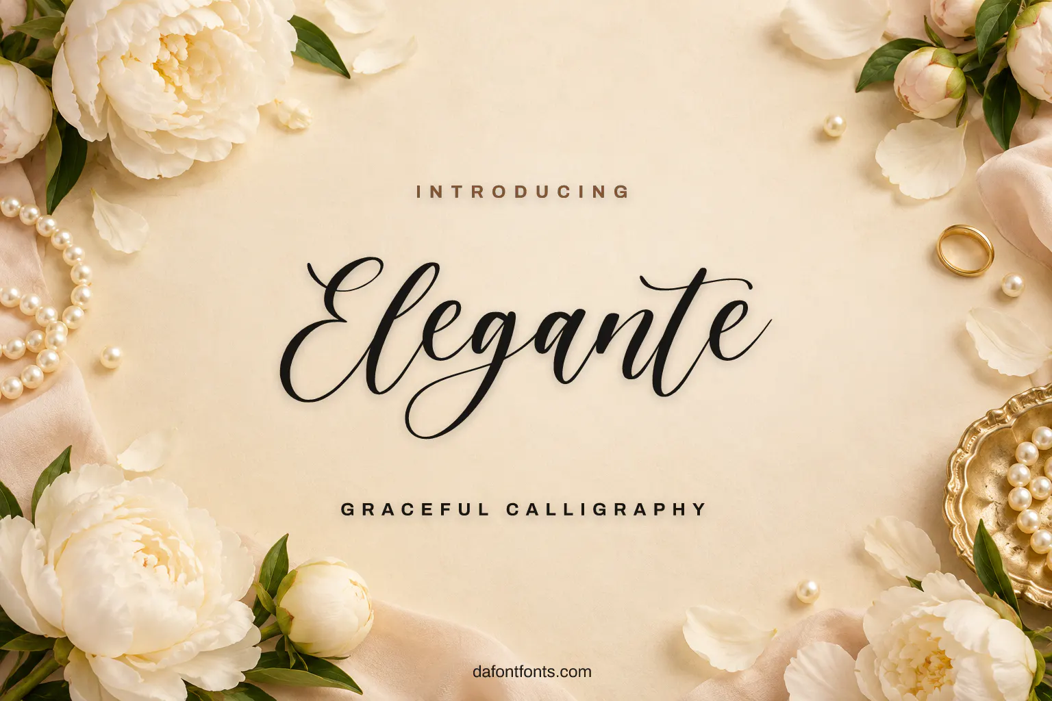 Elegante font poster: thin calligraphy on champagne with peonies and pearls