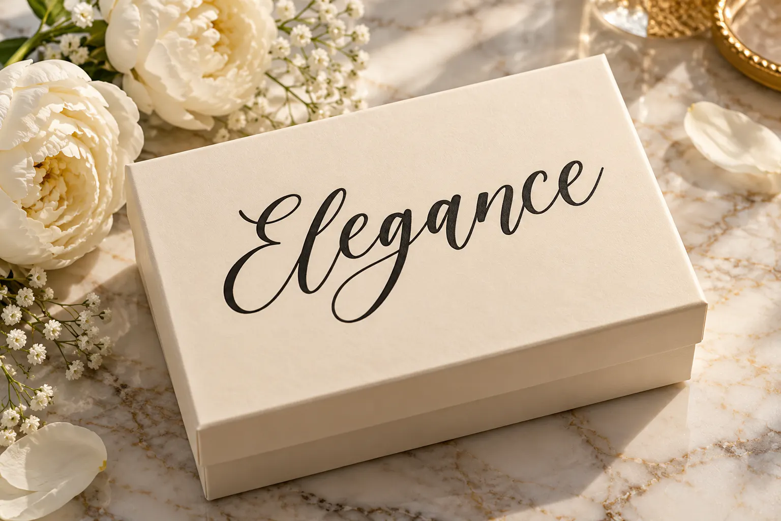 Elegante font on a perfume box reading Elegance