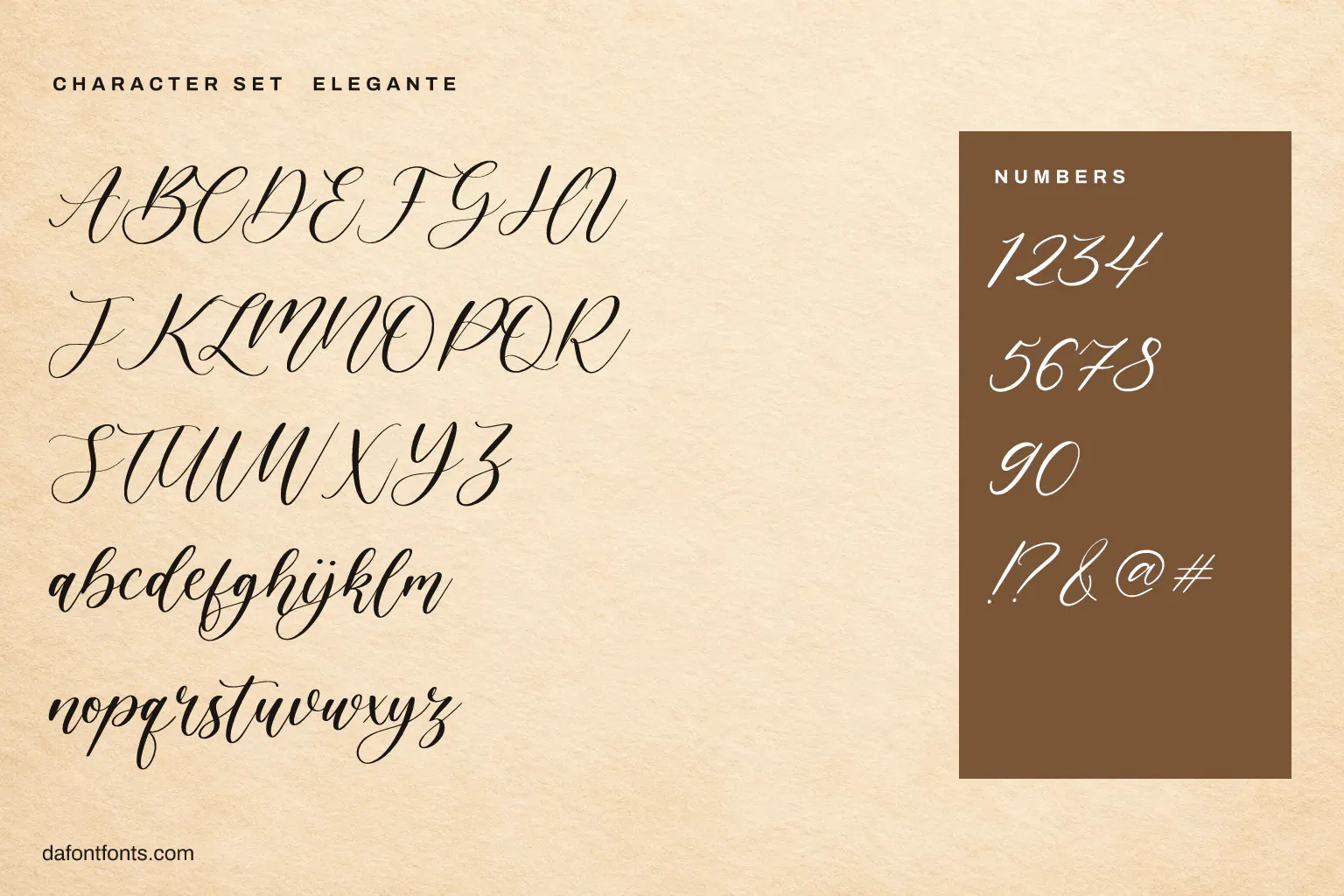 Elegante character set: alphabet, numbers and symbols