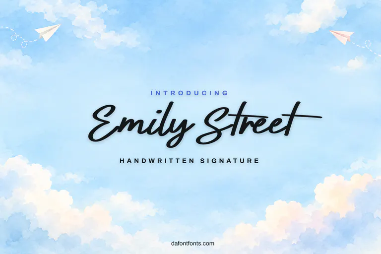Emily Street font poster: black handwriting on a light blue watercolor sky background with paper planes