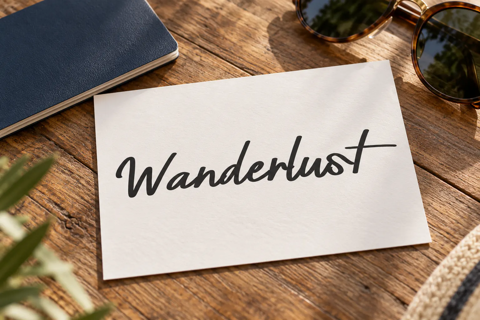 Emily Street font on a postcard reading Wanderlust