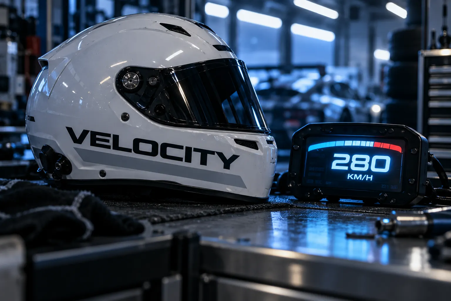 Eurostile style type on a racing helmet and a car dashboard display