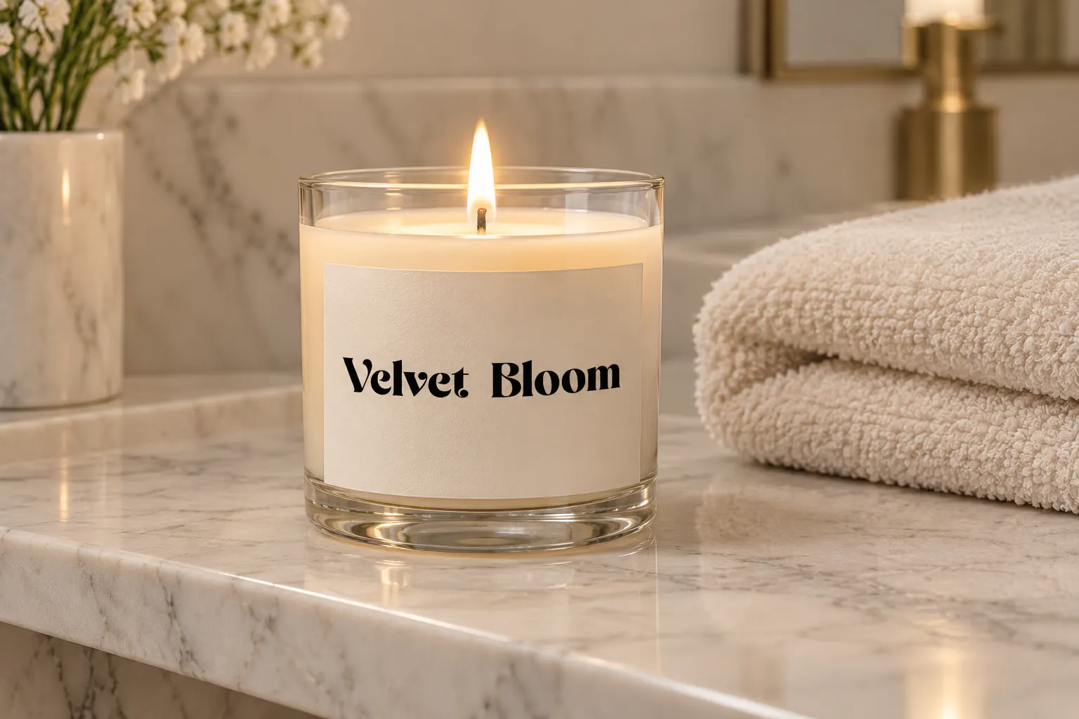 Evantic font on a candle jar label reading Velvet Bloom