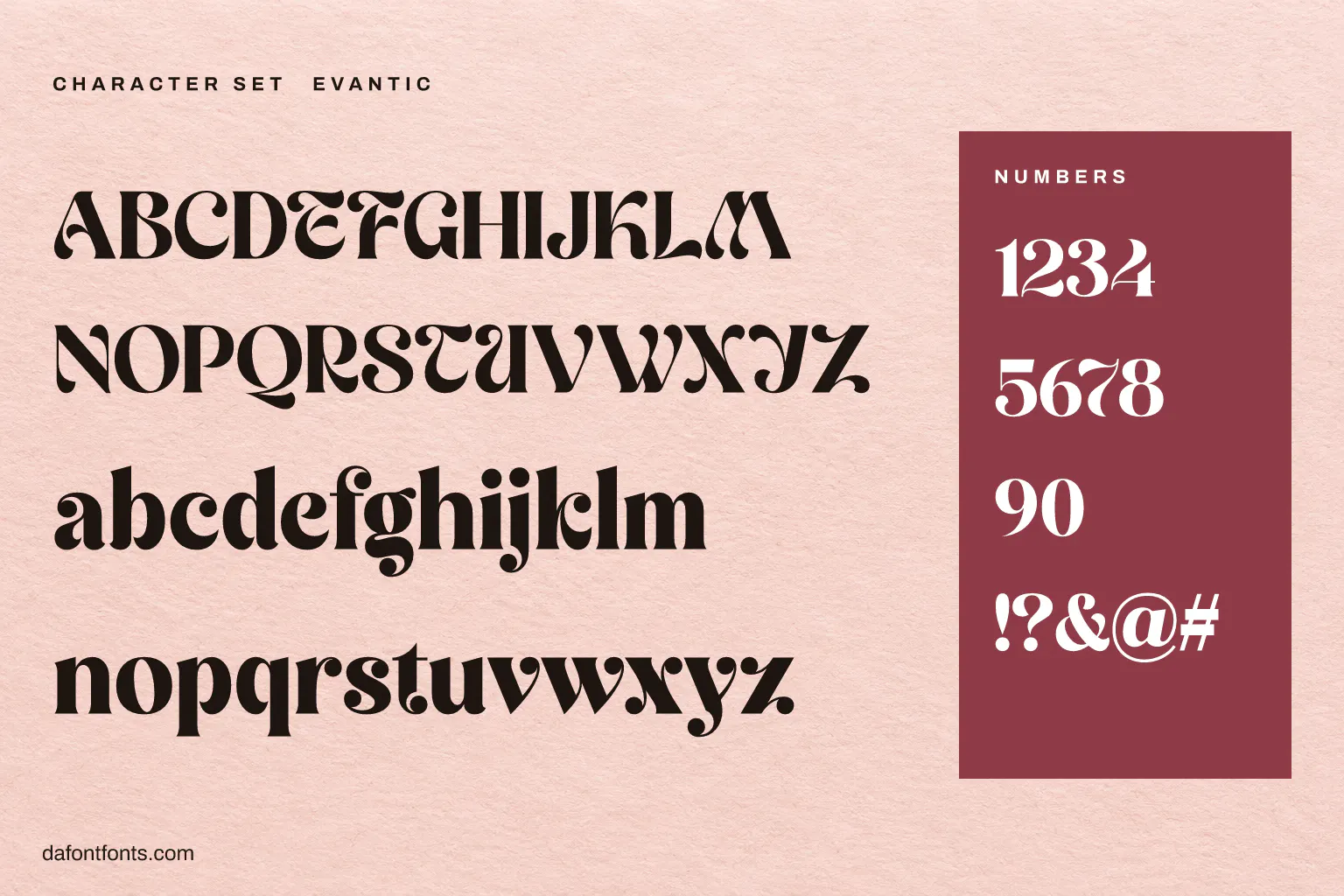 Evantic character set: alphabet, numbers and symbols