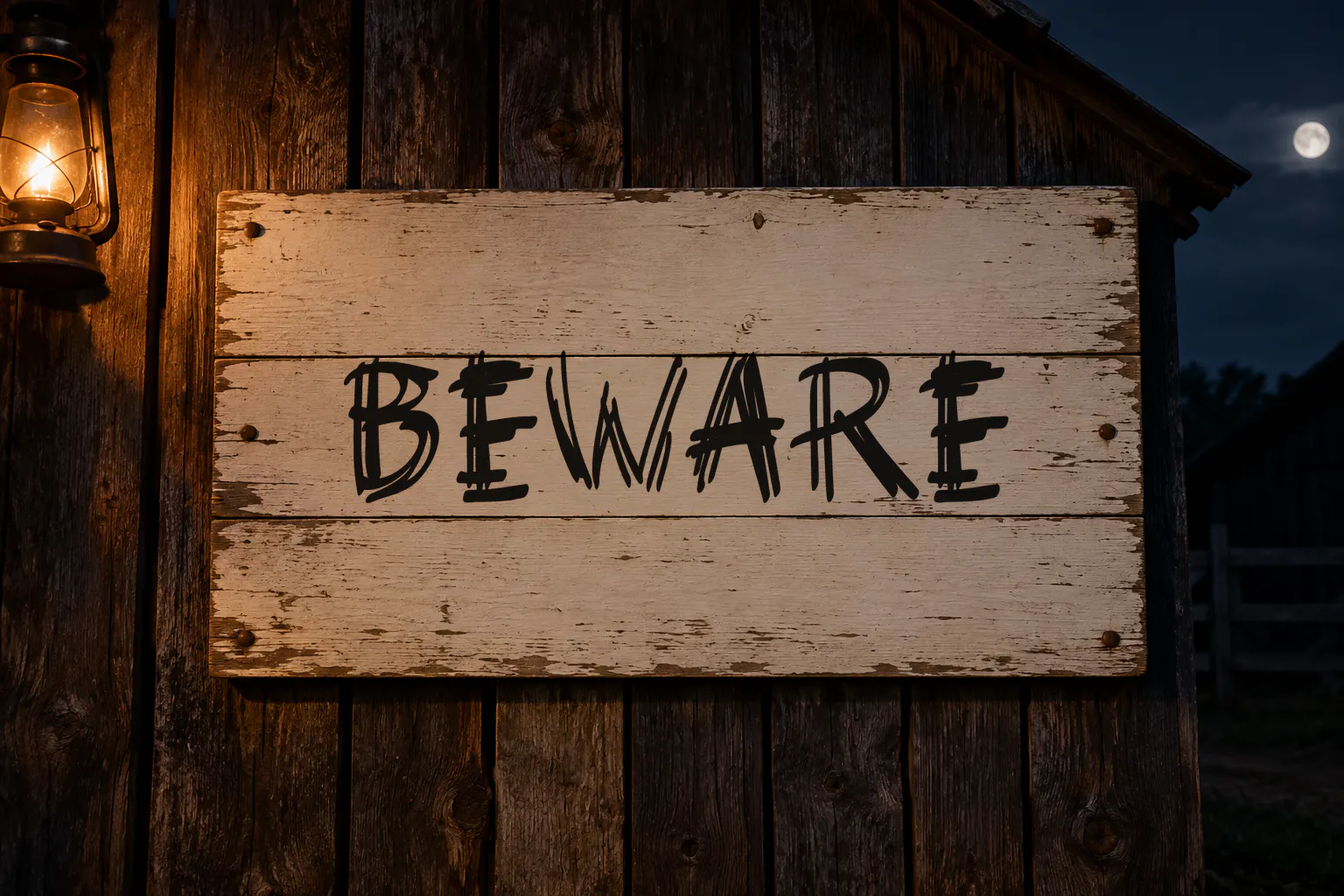 Evil Scratch font on a barn board reading BEWARE